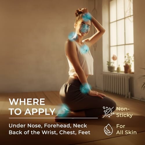 Woman demonstrating where to apply aromatherapy product with highlighted areas.