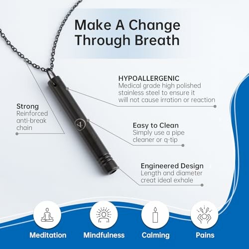 Breath necklace with hypoallergenic stainless steel and features for meditation and calming.