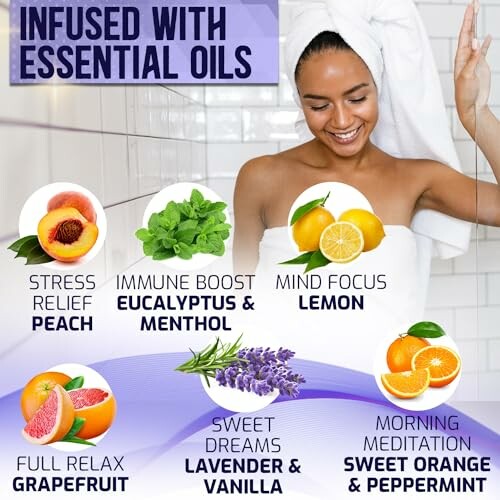 Woman enjoying shower with essential oils benefits for stress relief, immune boost, mind focus, full relaxation, sweet dreams, and morning meditation.