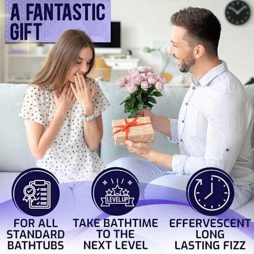 A man presenting a gift and flowers to a surprised woman.