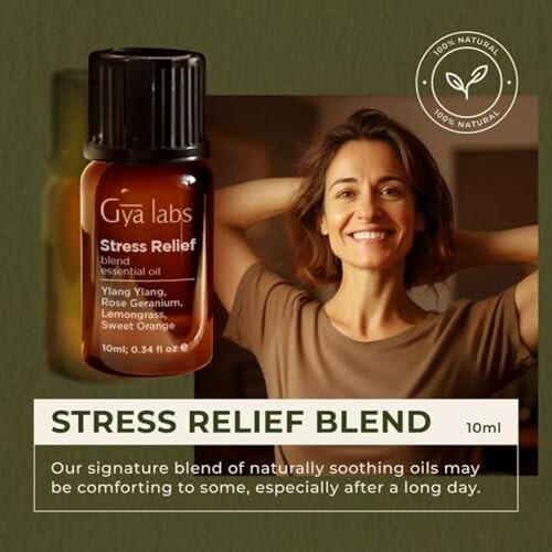 Essential oil bottle labeled Stress Relief Blend with smiling woman.