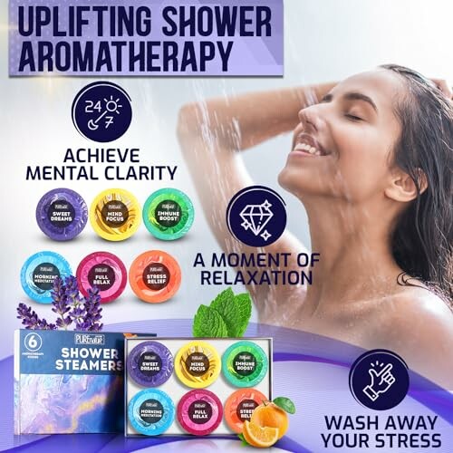Woman enjoying shower with aromatherapy steamers, promoting relaxation and mental clarity.