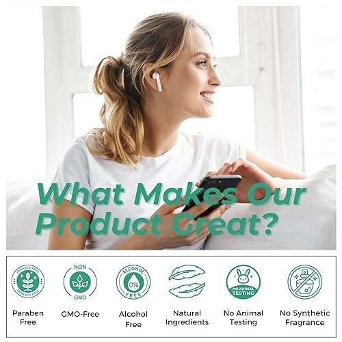 Smiling woman with earbuds holding phone, product benefits listed below.