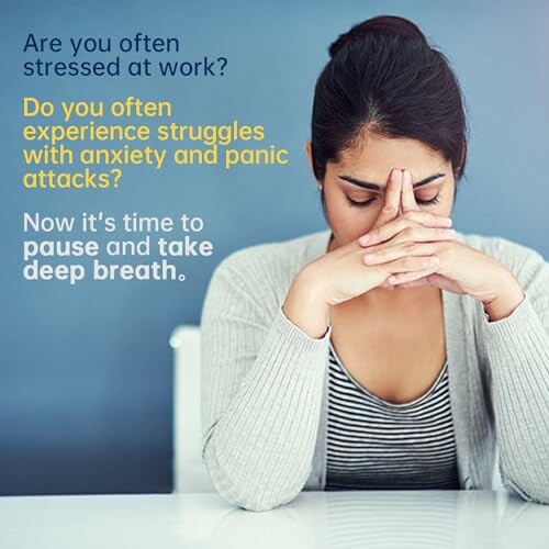 Woman looking stressed with text about anxiety and panic attacks.