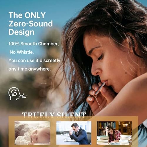 Woman using a discreet zero-sound device with text about silent design features.